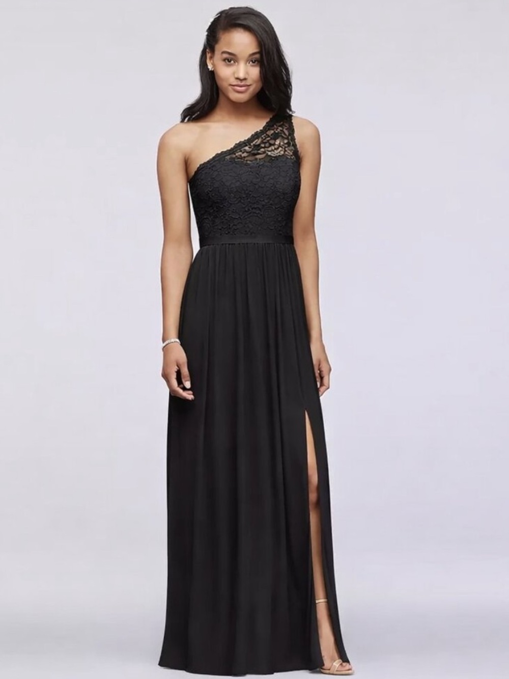 David’s  Bridal One-Shoulder Black Evening Dress with Lace Bodice and Side Slit